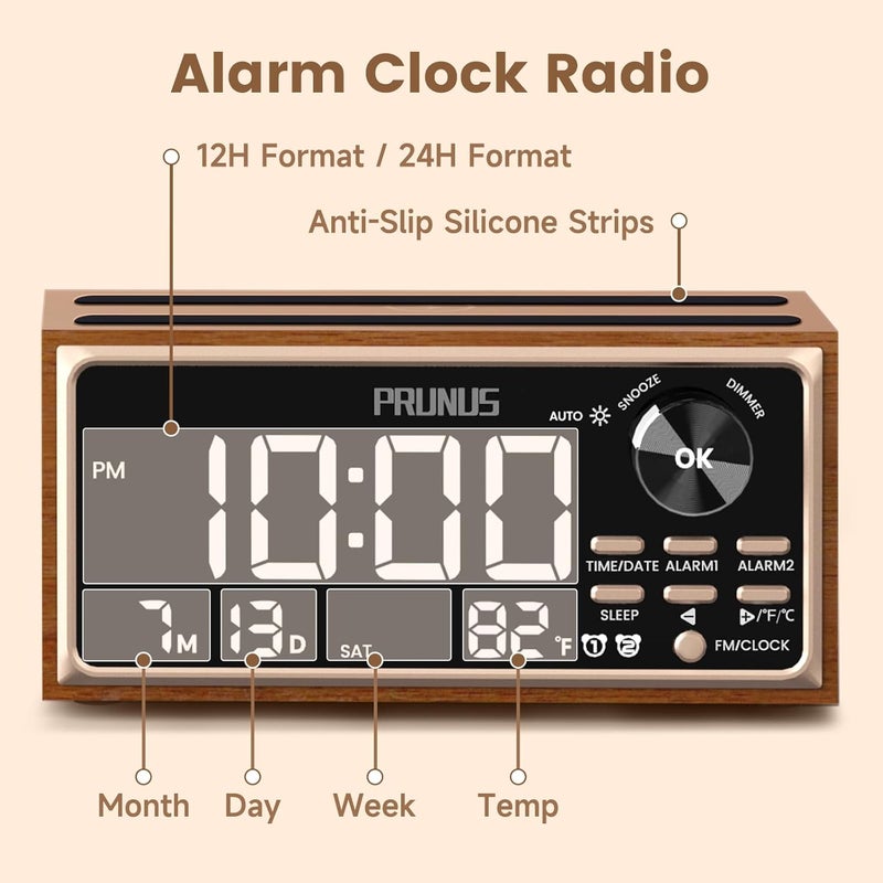 PRUNUS J-177 Retro Vintage Alarm Clock Radio with Fast Wireless Charging, Dual Alarms, Snooze, Large LED Display,Dimmer Control,Auto-Dimming,Retro Clock for Bedroom - Image 2